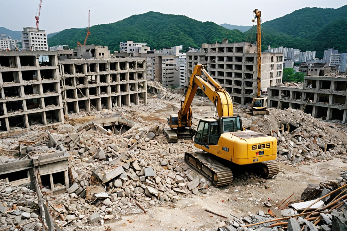1990년대 후반부터 2000년대 초반에 지어진 구조물의 내덕동 주택 철거 현장, 철거 중인 건물의 외관과 철거 장비가 보이는 자연스러운 풍경, 건물의 구조적 손상이 드러나는 모습