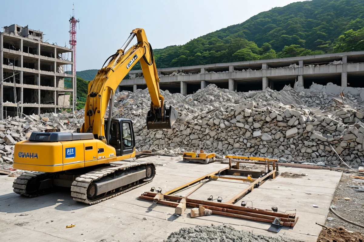 경상남도 김해시 괴정리의 가벽 철거 현장에서, 철거 중인 가벽과 철거 장비가 정리된 모습. 철거된 가벽의 잔해가 깔끔하게 정리된 바닥 위에 놓여 있으며, 철거 장비가 철저하게 정리