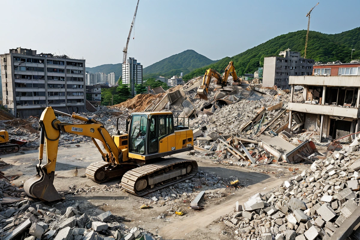 경상남도 김해시 구산동의 주거용 건물 부분 철거 현장. 철거 중인 구조물의 재질과 면적을 보여주는 구체적인 장면. 철거 작업 중인 장비와 철거된 구조물의 잔해가 정리된 모습. 주변
