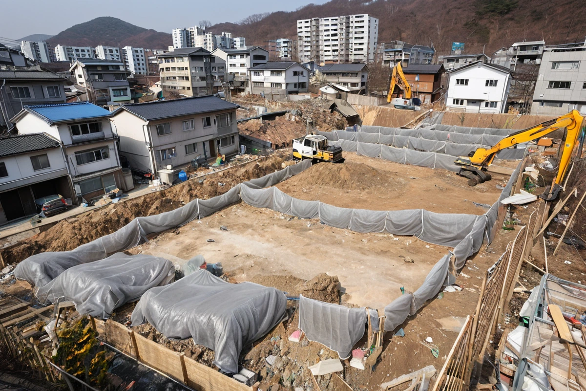 경상남도 김해시 구산동 주거 지역의 철거 작업 현장. 소음과 먼지를 방지하기 위한 철거 작업용 방진망과 소음 차단 장비가 설치된 구조. 주거 지역의 조화를 유지하는 철거 작업 현장