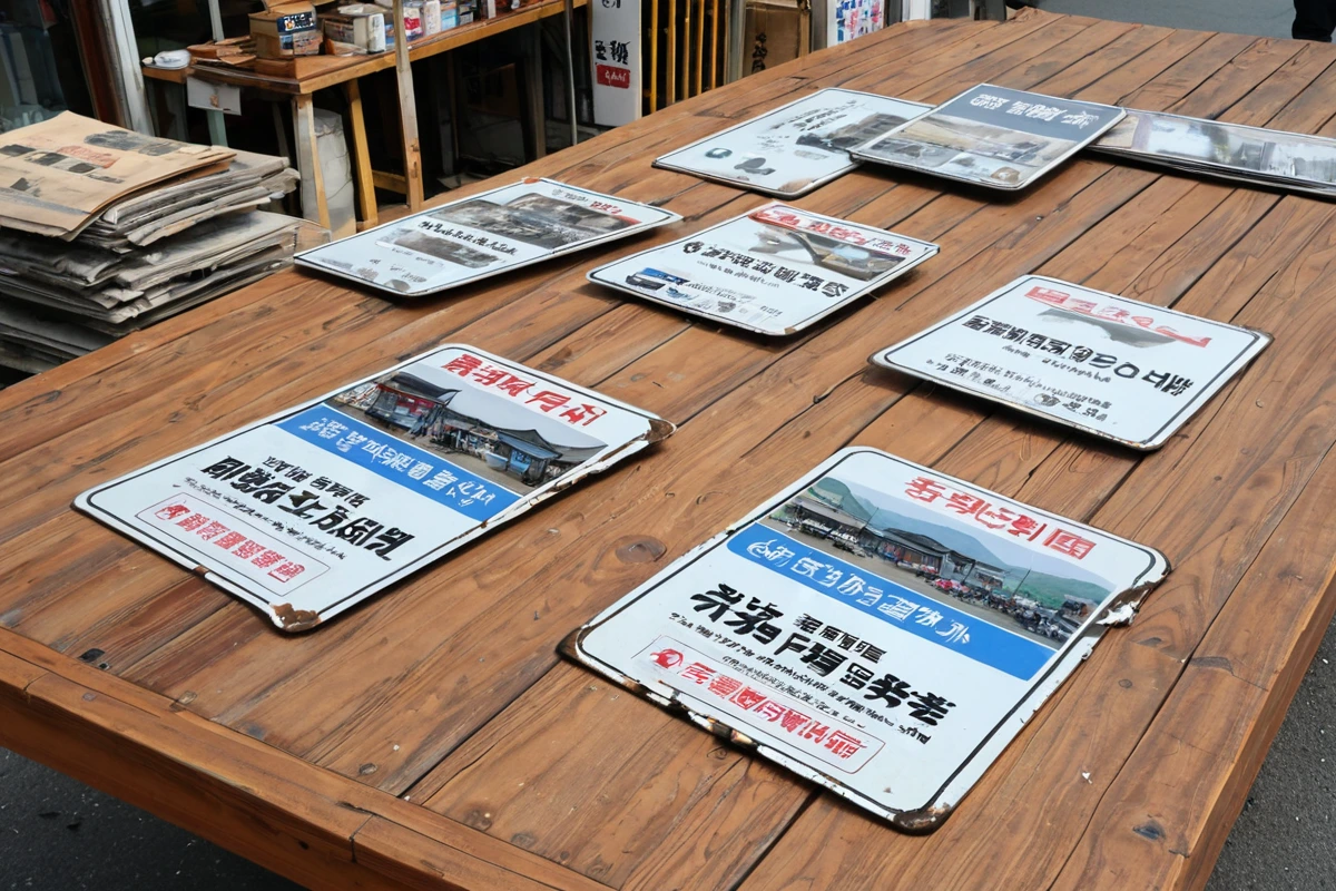 경상남도 김해시 내덕동 상가거리에서 아크릴 간판과 금속 간설이 철거 중인 장면, 간판 크기와 재질에 따라 가격이 차등 적용되는 표시가 있는 문서가 테이블 위에 놓여 있습니다.