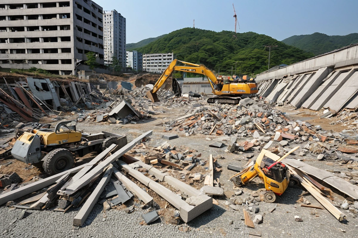 경상남도 김해시 내덕동의 칸막이 철거 작업 현장에서 철거 중인 칸막이의 구조와 철거 과정을 보여주는 사진. 철거된 칸막이 부품과 철거 도구가 정리된 모습이 자연스럽게 배경에 자리