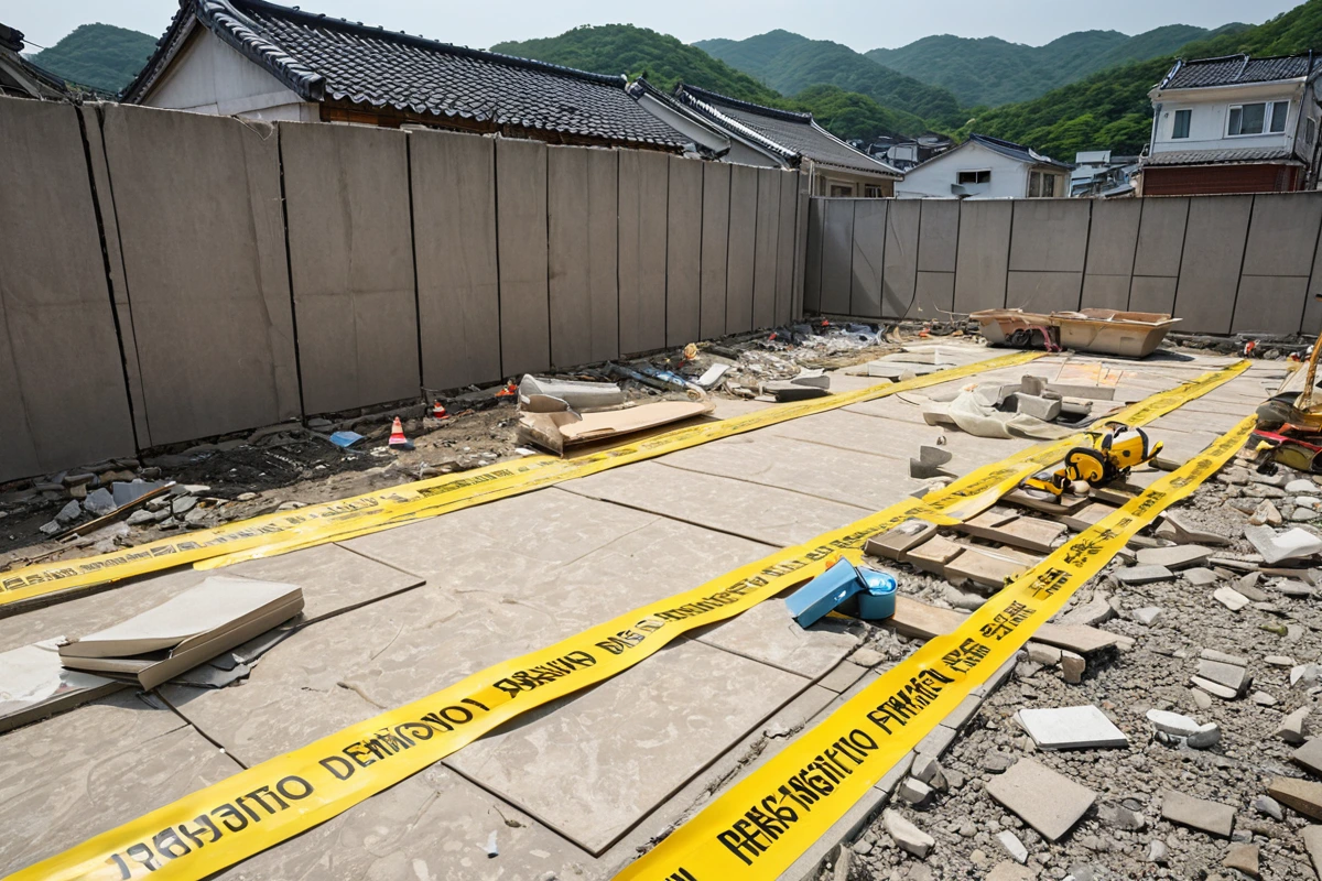 경상남도 김해시 내삼리 지역의 주거 건물 가벽 철거 전 단계에서, 철거 작업을 위한 안전 테이프로 구획된 공간과 구조 확인을 위한 측정 도구가 놓인 모습. 주변에는 철거 계획서와 