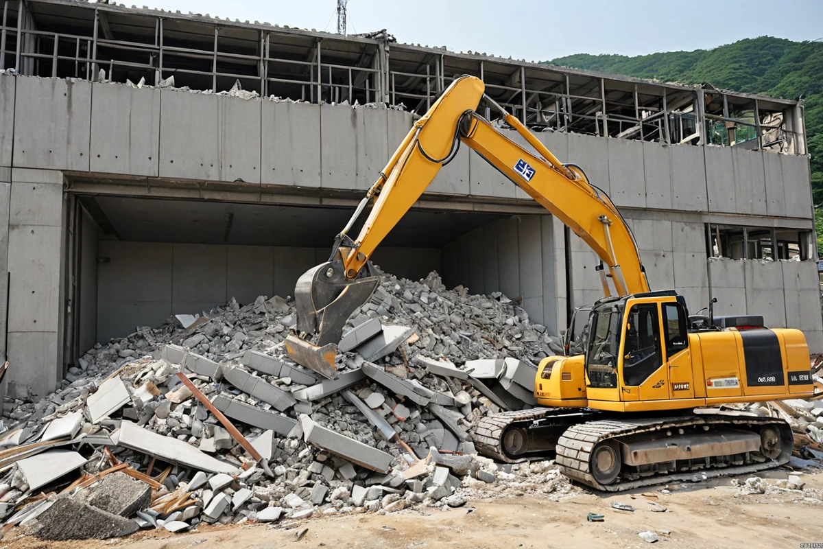 경상남도 김해시 내외동의 경량 구조 주택 가벽 철거 현장에서 철거 중인 철거 장비와 철거된 가벽 재료가 정리된 모습, 주택의 경량 구조 특성을 보여주는 자연스러운 철거 현장