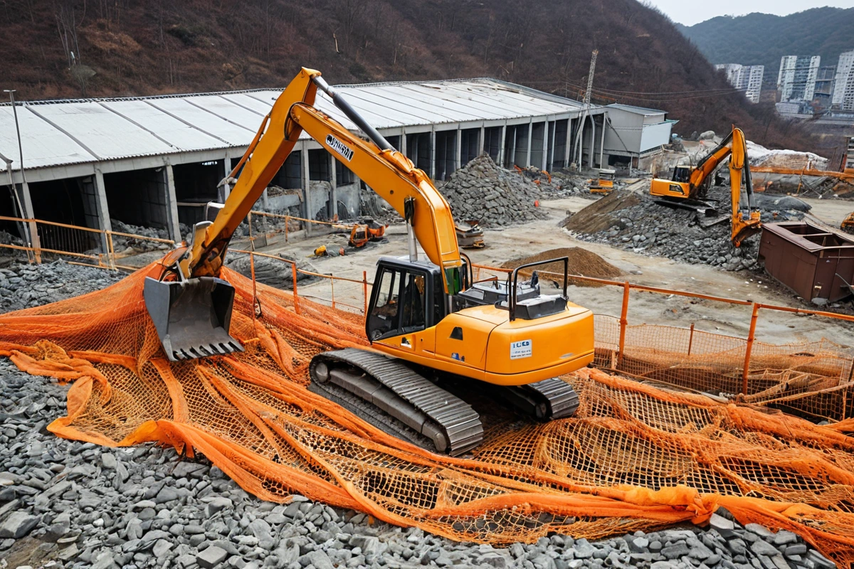 경상남도 김해시 농소리 지역의 산업용 창고 철거 현장. 철재 구조물이 분해된 채로 놓여 있으며, 주변에는 철거 작업을 위한 장비와 안전 울타리가 설치되어 있습니다.