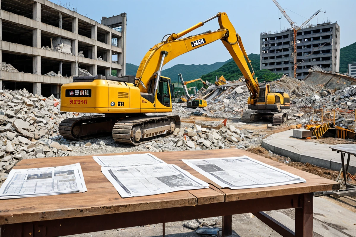 경상남도 김해시 담안리 상가 철거 현장에서 전문가가 철거 전 현장 조사 중인 모습. 철거 장비와 안전 울타리가 배경에 보이며, 철거 계획서가 테이블 위에 놓여 있다.