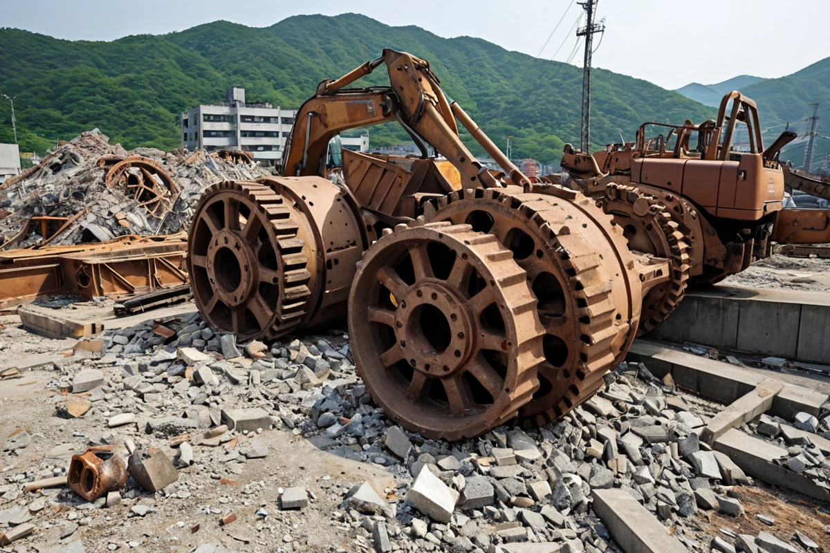 경상남도 김해시 덕산리 지역의 철거 현장에서, 정확한 비용 산정을 위해 철거 계획서와 함께 현장 점검 중인 철거 장비와 구조물의 세부 부분이 드러난 자연스러운 장면. 철거 전 정확