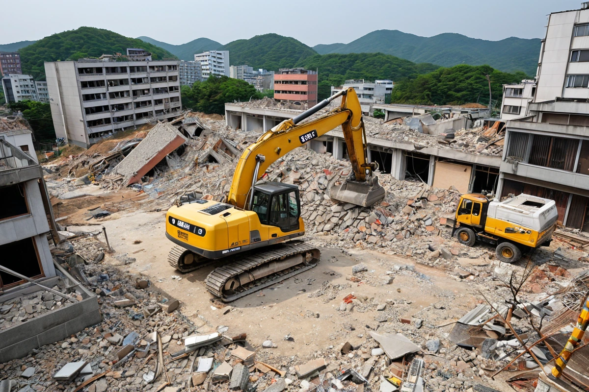 경상남도 김해시 동상동의 가벽 철거 현장에서, 안전 절차를 준수하며 철거 작업이 진행 중인 모습. 철거 구조물과 안전 장비가 정리된 상태로, 비용 절감을 위한 안전 절차 생략 없이