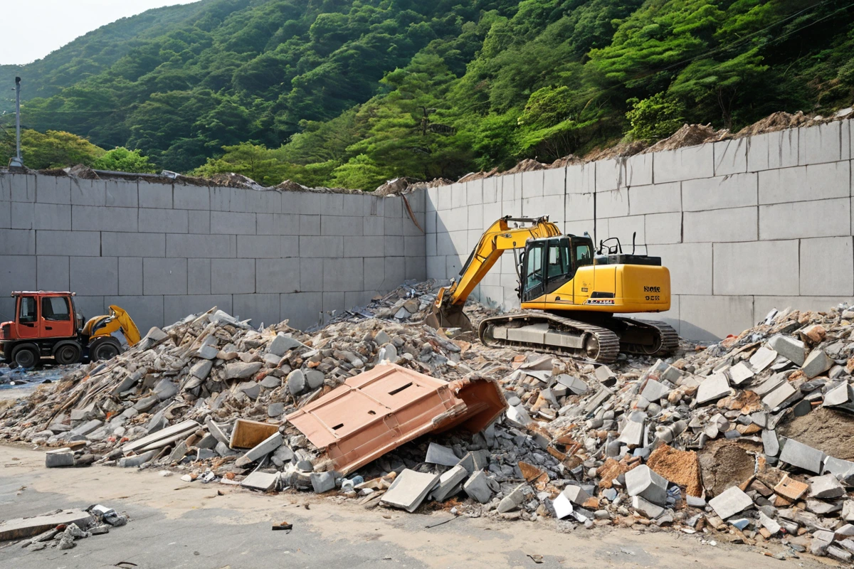 경상남도 김해시 동상동의 가벽 철거 현장에서, 철거 대상의 재질과 구조를 확인하기 위해 현장 점검 중인 도구와 철거 구조물이 정리된 모습. 철거 중인 가벽의 재질과 크기가 명확히