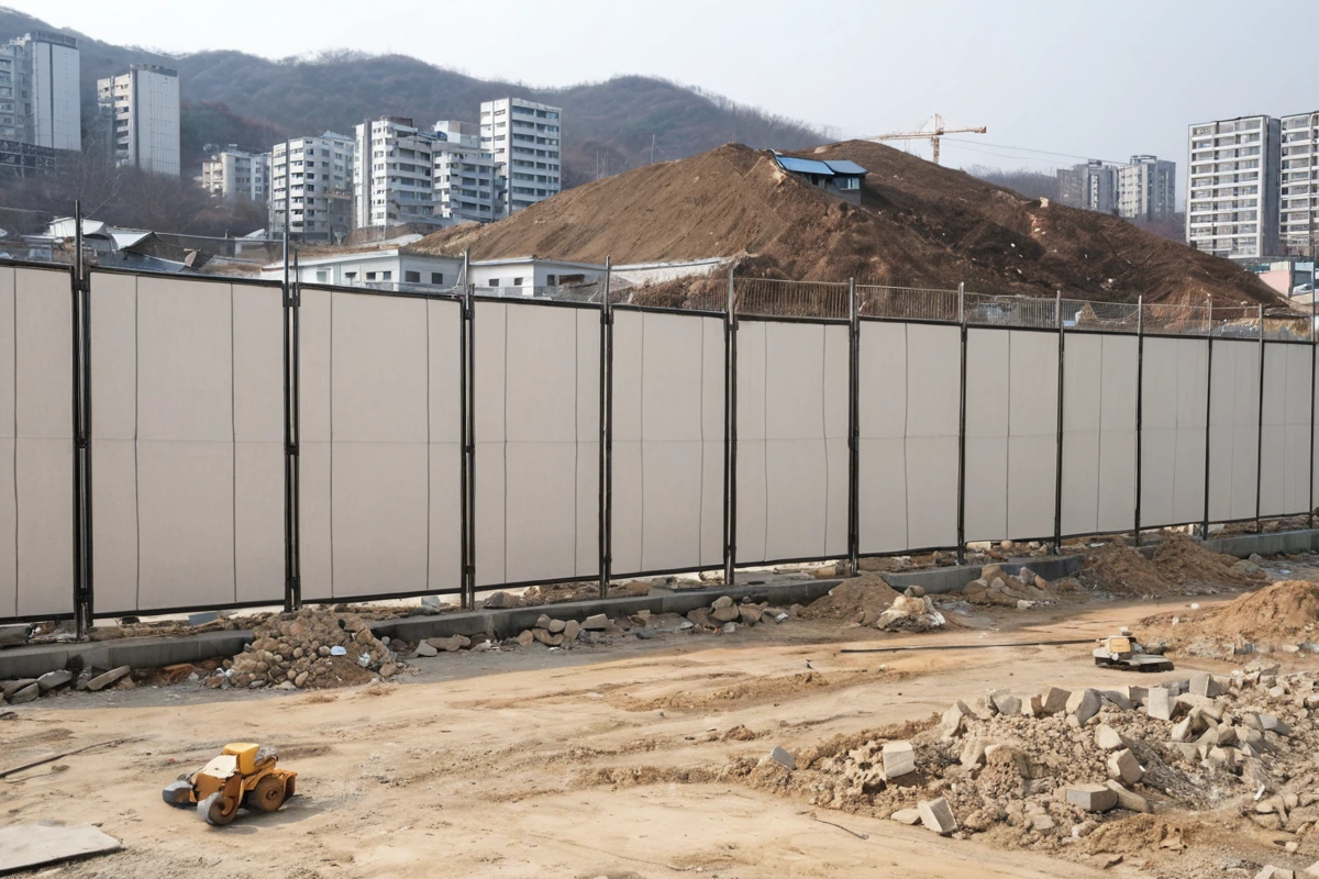 경상남도 김해시 망덕리 주택가의 정리된 가벽 철거 현장. 주변 주택과의 거리가 적당하며, 철거 중인 가벽의 재질과 구조가 명확히 보이는 자연스러운 배경. 소음과 먼지 방지를 위한
