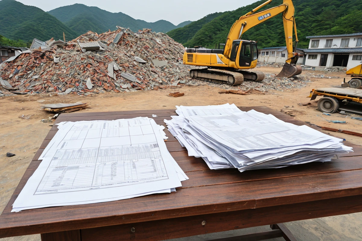 경상남도 김해시 망덕리 지역의 철거 현장에서, 여러 업체의 견적서가 테이블 위에 정리된 모습. 견적서에는 가격, 작업 범위, 기간 등이 명확히 표기되어 있으며, 철거 장비가 배경에