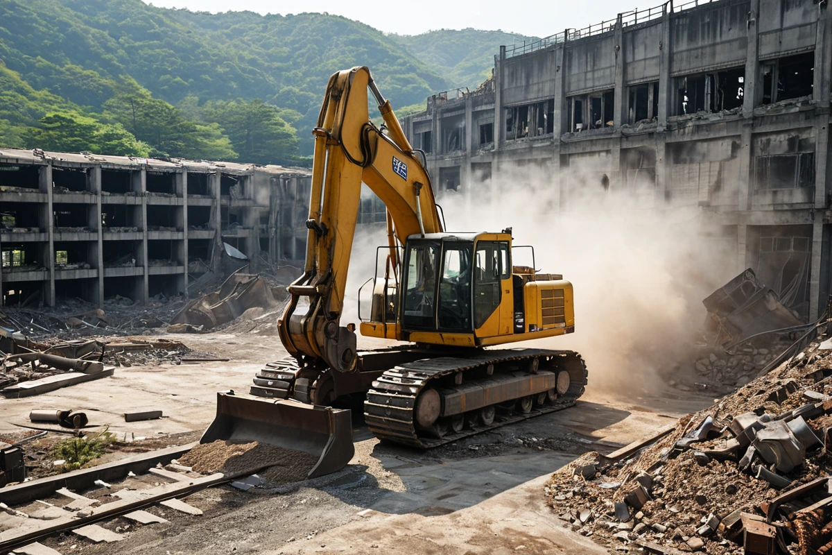 경상남도 김해시 칠산서부동의 공장 철거 현장에서, 대형 철거 장비가 철골 구조물을 안전하게 분해하는 모습. 철거 과정에서 발생하는 먼지가 가볍게 날리고 있는 자연스러운 현장 분위기