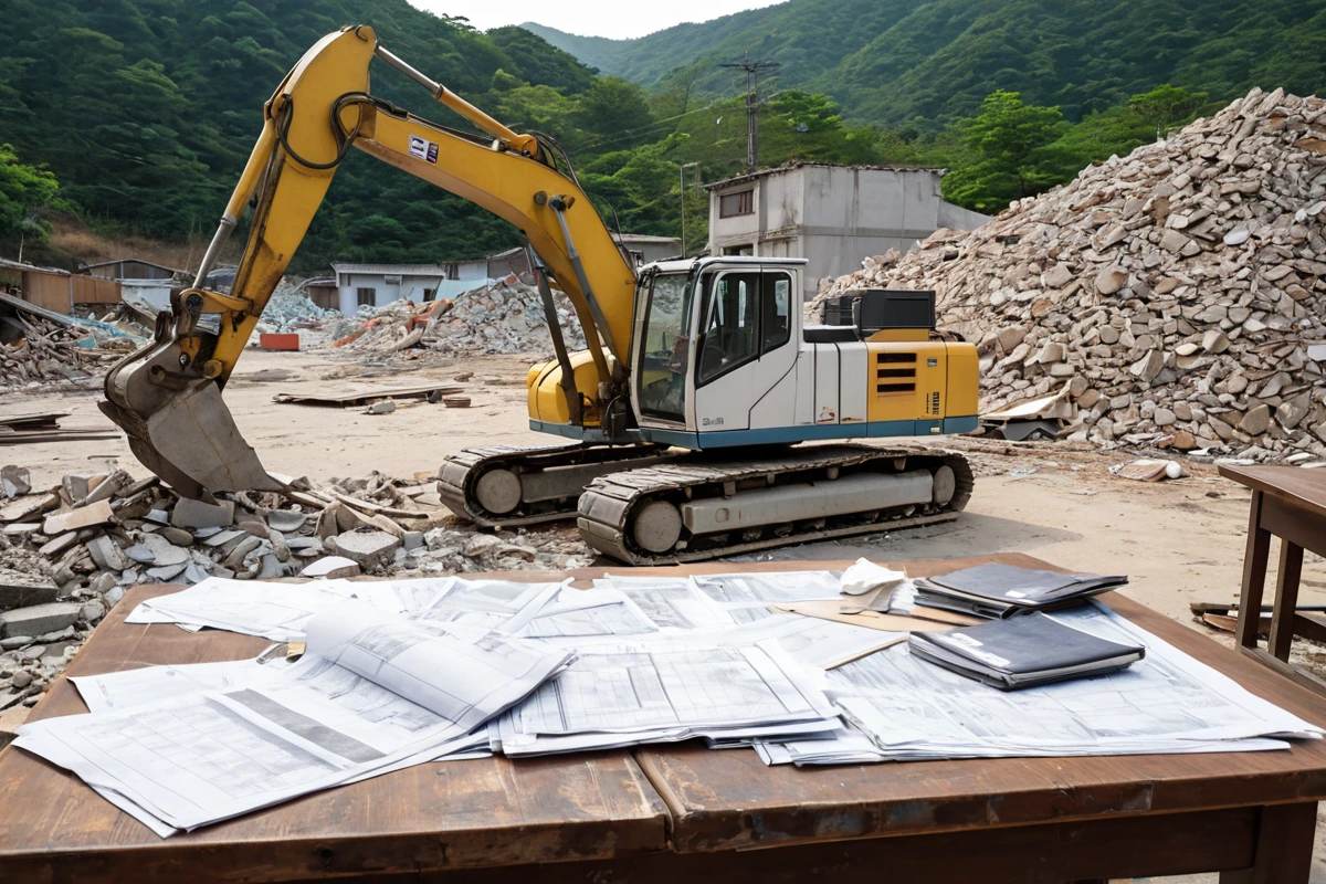 경상남도 김해시 한림면의 소규모 건물 철거 현장에서, 철거 작업 중인 장비와 철거된 재료가 정리된 모습. 평면도와 예산 계산서가 테이블 위에 놓여 있는 자연스러운 장면.