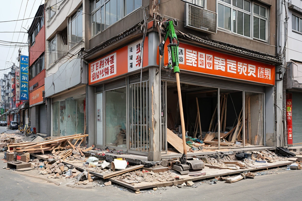 구산동 상가거리의 점포 철거 전 현장에서 철거 계획서를 바탕으로 구조 분석을 하는 모습. 철거 대상 점포의 외벽과 구조물이 정확히 확인된 상태로, 철거 공구가 준비된 채로 현장이