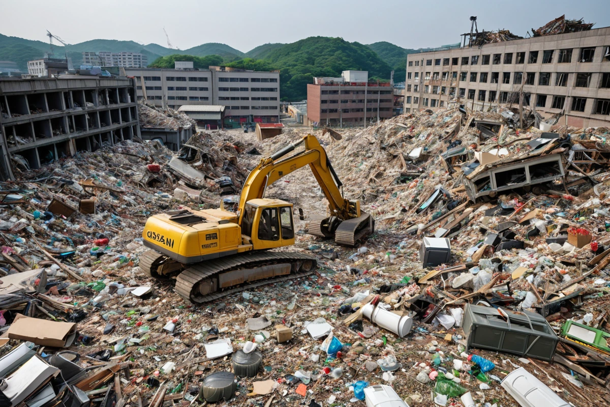 구산동 소규모 공장 철거 현장에서 폐기물 분리 작업 중인 모습, 재활용 가능한 자재와 폐기물이 분리된 쌓인 더미, 철거된 구조물의 잔해가 정리된 현장