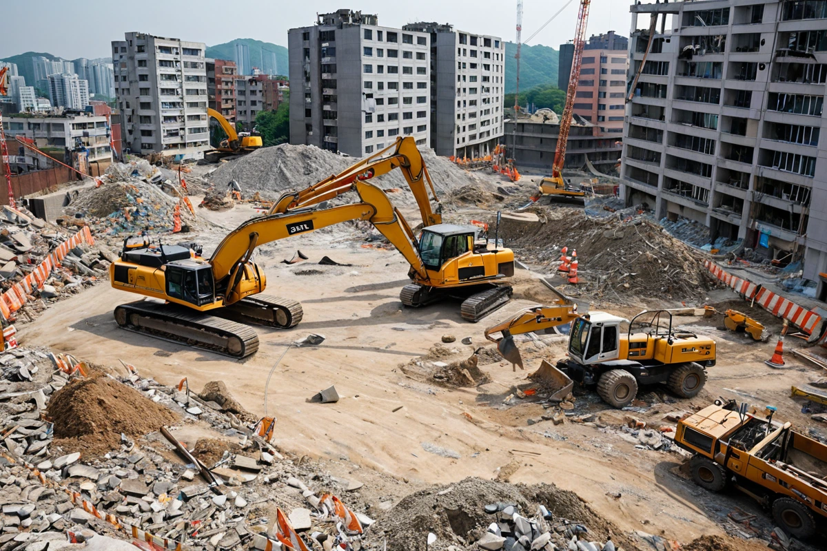 구산동 지역의 주거지 인근에서 철거 작업 중인 장비와 안전 테이프로 구분된 작업 현장. 주민과의 소음 문제를 고려한 작업 시간 조정을 나타내는 표시물 없이 안전 관리가 철저히 이루