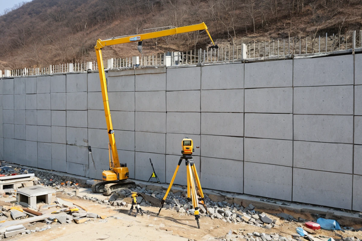김해 내덕동 지역의 가벽 철거 현장에서 철거 전 정확한 평가를 위한 구조물 상태 확인을 위한 측정 도구가 놓인 장면. 철거 예정인 가벽과 주변 공간이 명확히 보이며, 정확한 측정을