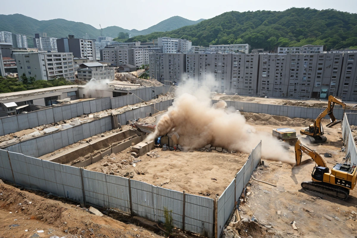 김해 내덕동 학원 주변 철거 현장에 먼지 차단막과 소음 저감 장비가 설치된 모습. 주변 주거지와 학원 건물이 보이는 배경에서 철거 작업 중 먼지와 소음이 최소화된 철거 현장의 정확