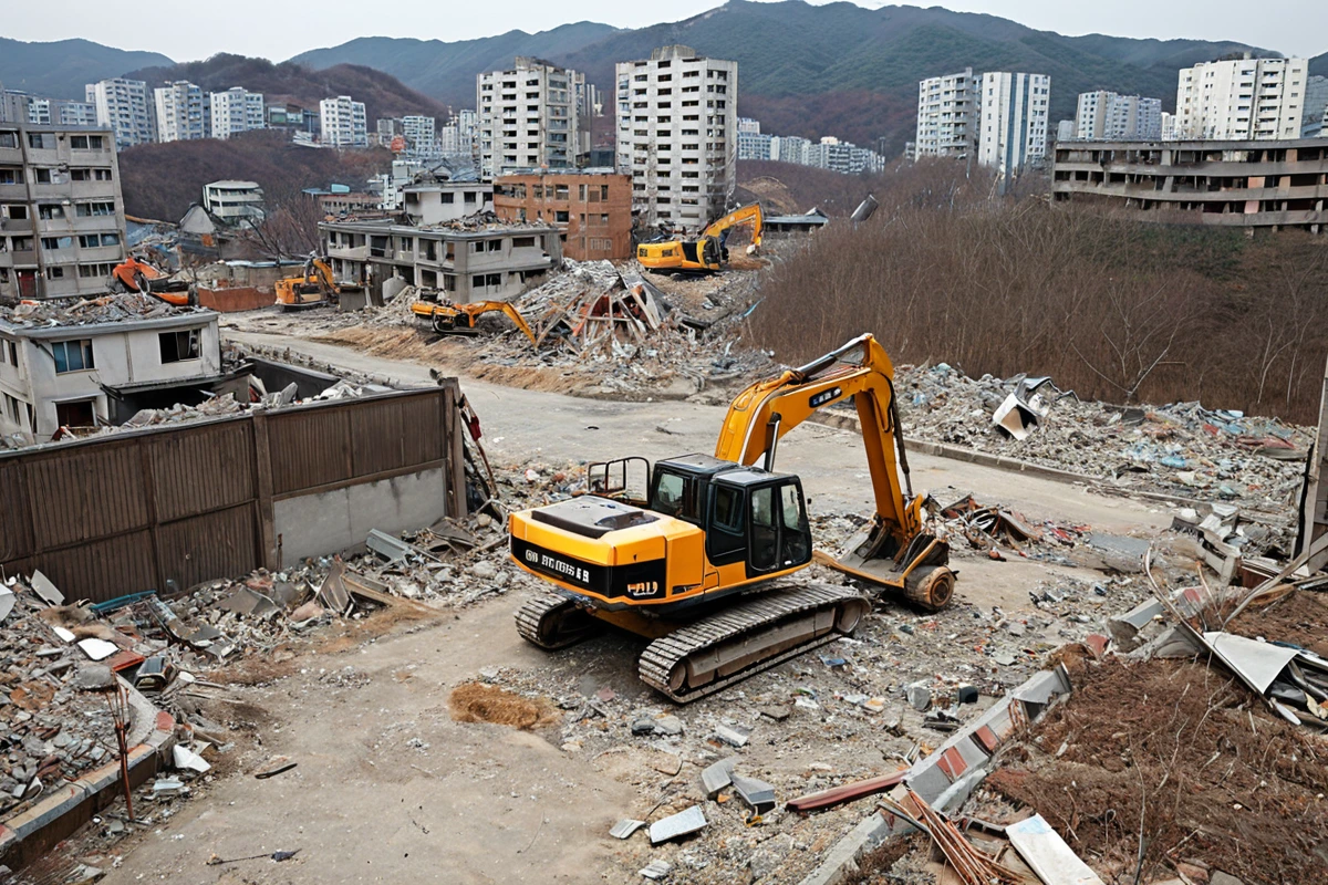 김해 내외동 주거지 인근 철거 작업 현장, 철거 작업 중인 장비와 주변 건물 간의 거리가 적절히 유지된 현실적인 장면