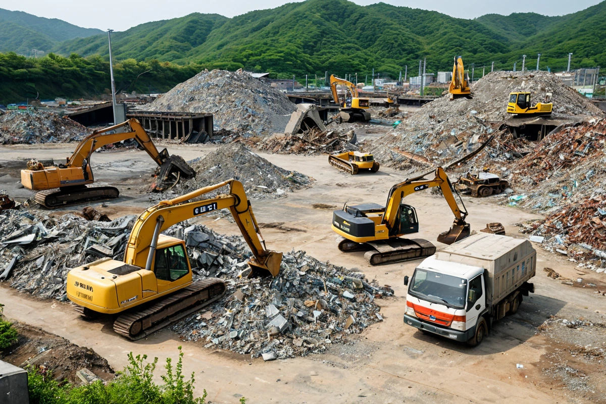 김해 농소리 지역의 200제곱미터 규모 공장 철거 현장, 철거된 건물 잔해가 재활용 가능한 자재로 분류된 쌓인 쓰레기 더미와 철거 장비가 정리된 공간. 철거 후 환경 오염이 최소화