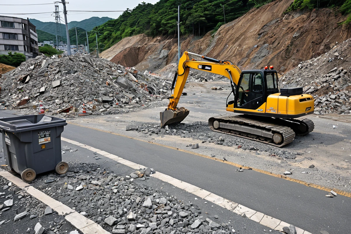 김해시 고모리 지역의 부분철거 현장에서, 철거 중인 구조물의 잔해와 정리된 도로가 보이는 상황. 철거 작업 중인 장비가 정확히 위치해 있고, 철거된 재료가 잘 정리된 쓰레기통에 담