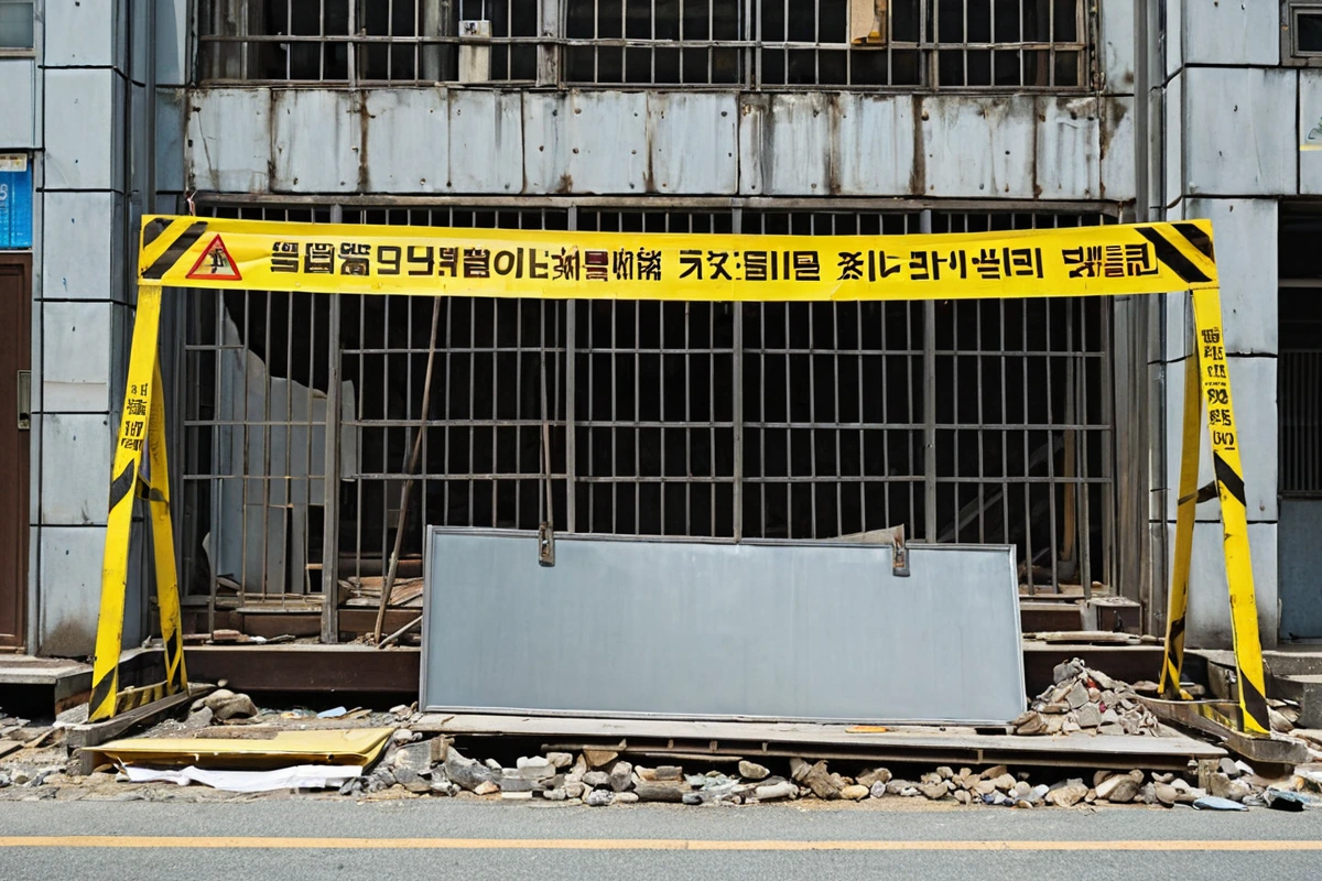 김해시 고모리 지역의 상가 건물 앞에 설치된 간판 철거 작업 중인 현장, 철거 중인 간판의 일부와 철거 작업을 위한 안전 울타리가 보이며, 간판의 크기와 재질을 고려한 철거 비용