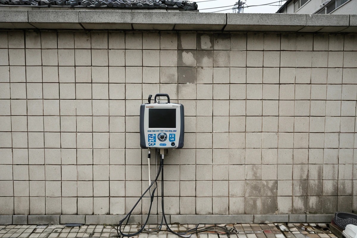 김해시 괴정리 지역의 벽면에서 타일 철거 전 구조적 안전 점검을 위한 전문가의 진단 도구가 위치한 현장, 철거 작업 전의 철저한 점검 단계를 보여주는 사실적인 장면