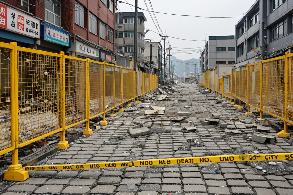 김해시 나전리 상가 지역의 철거 현장, 주변 상가 건물과 철거 중인 구조물의 모습, 철거 작업을 위한 안전 울타리가 설치된 상황