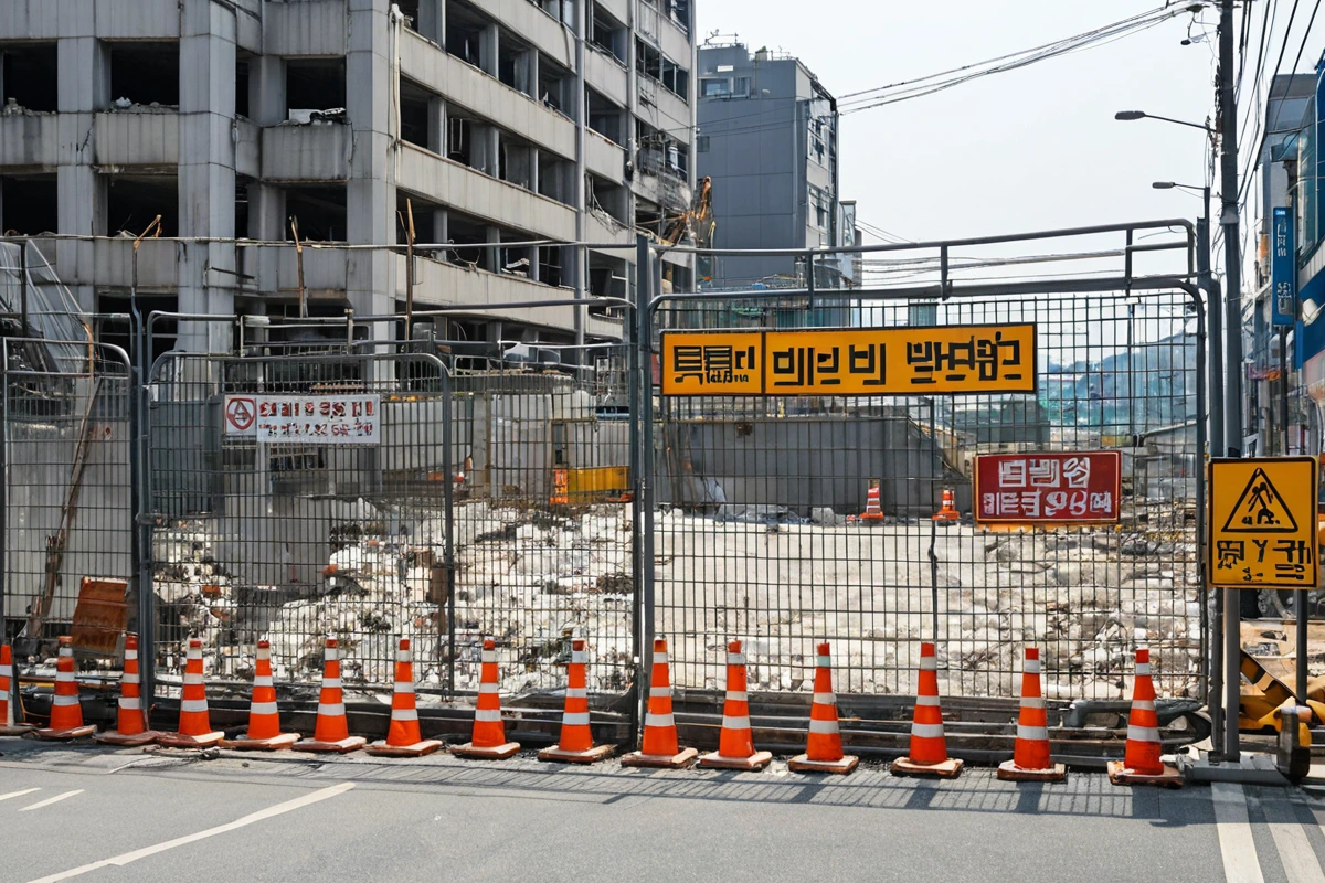 김해시 내덕동 상가 밀집 지역에서 철거 작업 중인 안전 울타리와 안전 표지판이 설치된 장면, 철거 중인 간판이 안전하게 고정된 상태로 보입니다.