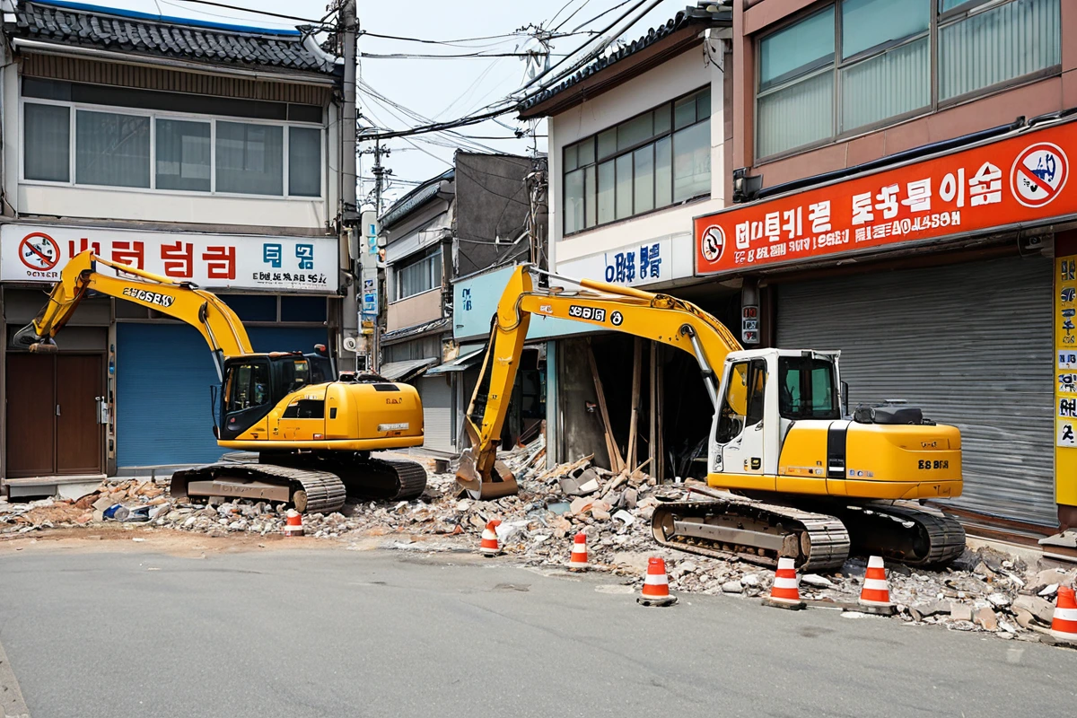 김해시 내덕동의 식당 철거 현장 주변 상가와의 협의를 위해 설치된 안전 경고 표지판과 철거 작업 중인 장비가 조용히 정리된 모습. 주변 상가의 간판이 보이는 배경에서 철거 작업의