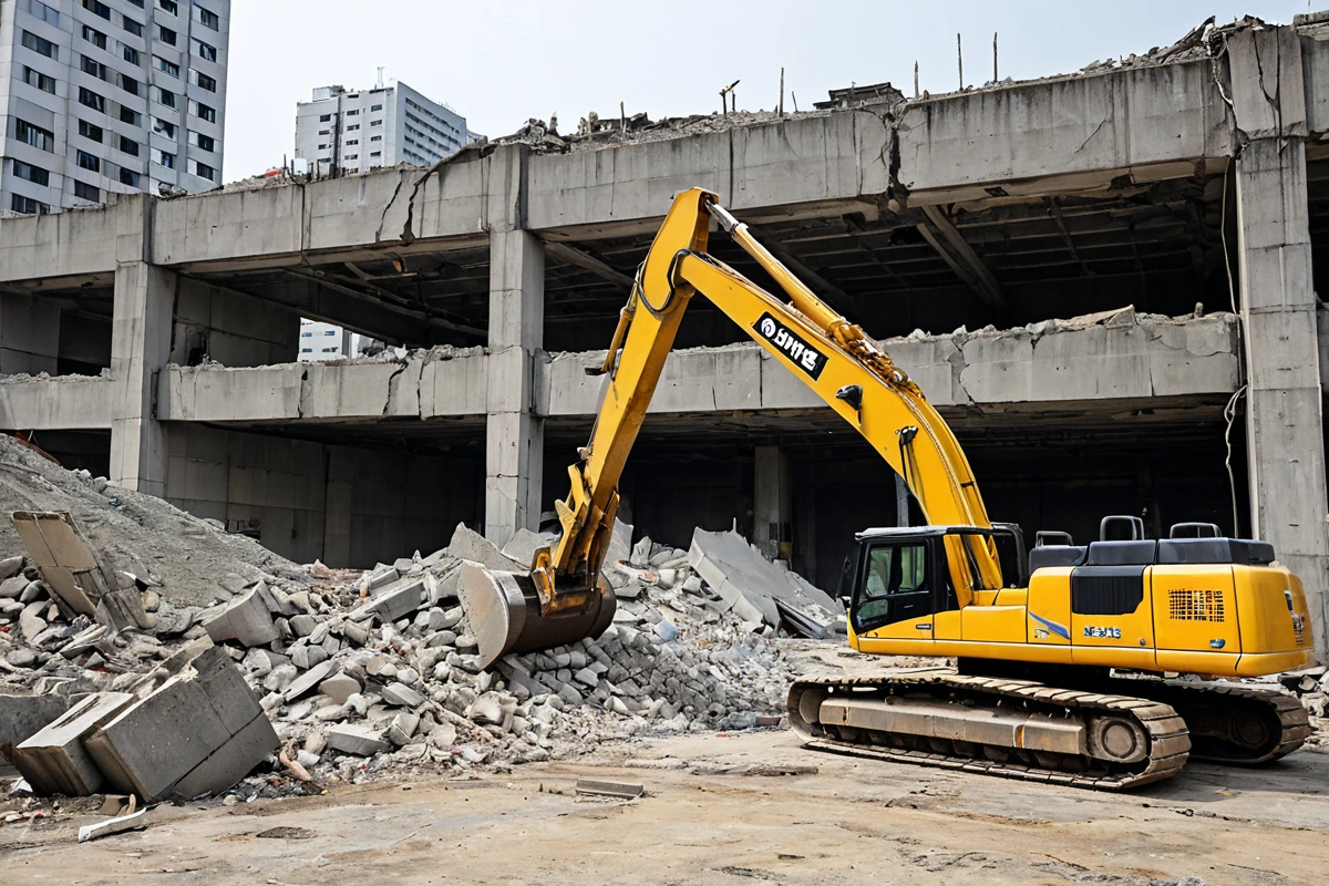 김해시 내덕동 주택 철거 전 단계에서 정확한 구조 진단을 위해 철거 전문가가 구조물의 상태를 점검하는 장면. 철거 장비가 준비된 철거 현장에서 구조물의 결함을 확인하는 데 초점을