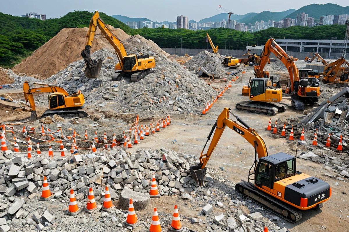 김해시 내덕동 지역에서 진행 중인 주택 철거 현장, 안전 장비가 비치된 철거 작업장과 철거된 건물 잔해가 정리된 배경, 철거 작업 중인 장비의 구체적인 모습