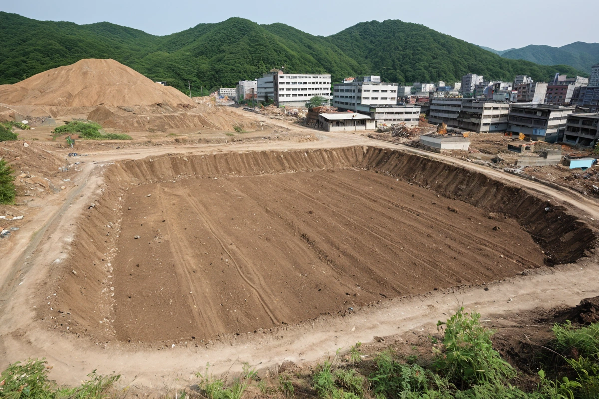김해시 내동 상가 철거 후 원상복구 작업 중, 지역에 적합한 식물이 식재된 토양과 정돈된 토지 구조가 보이는 실제 사례 장면, 추가 작업이 최소화된 자연스러운 풍경