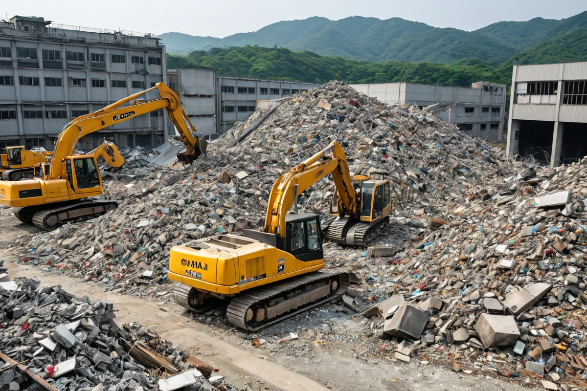 김해시 내동 지역의 공장 철거 현장에서 철거 중인 대형 기계와 철거된 구조물의 잔해가 쌓여 있는 모습. 폐기물 처리를 위한 분류된 쓰레기 더미와 철거 과정에서 발생한 잔해들이 정리