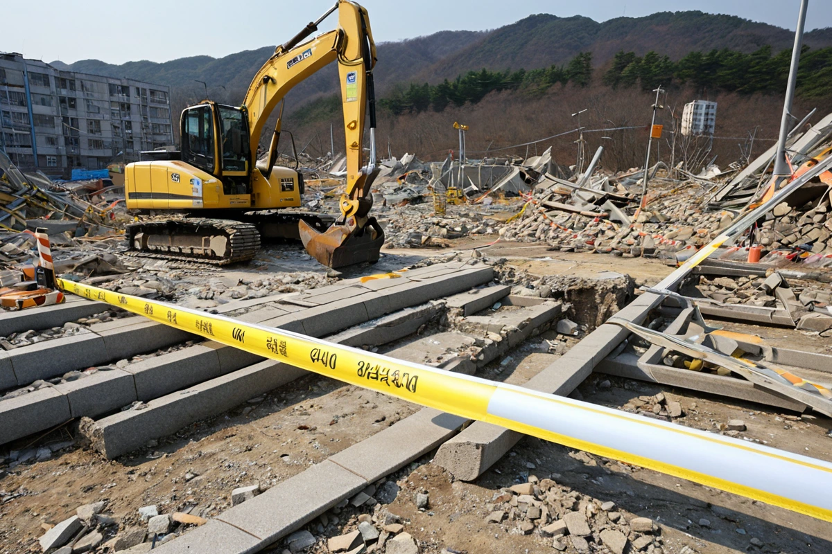 김해시 내동 지역의 점포 철거 현장에서 철거 면적을 측정하는 측정기와 구조물의 복잡성을 보여주는 구조물의 세부적인 모습이 담긴 사진. 철거 작업을 위한 안전 테이프로 경계가 설정된