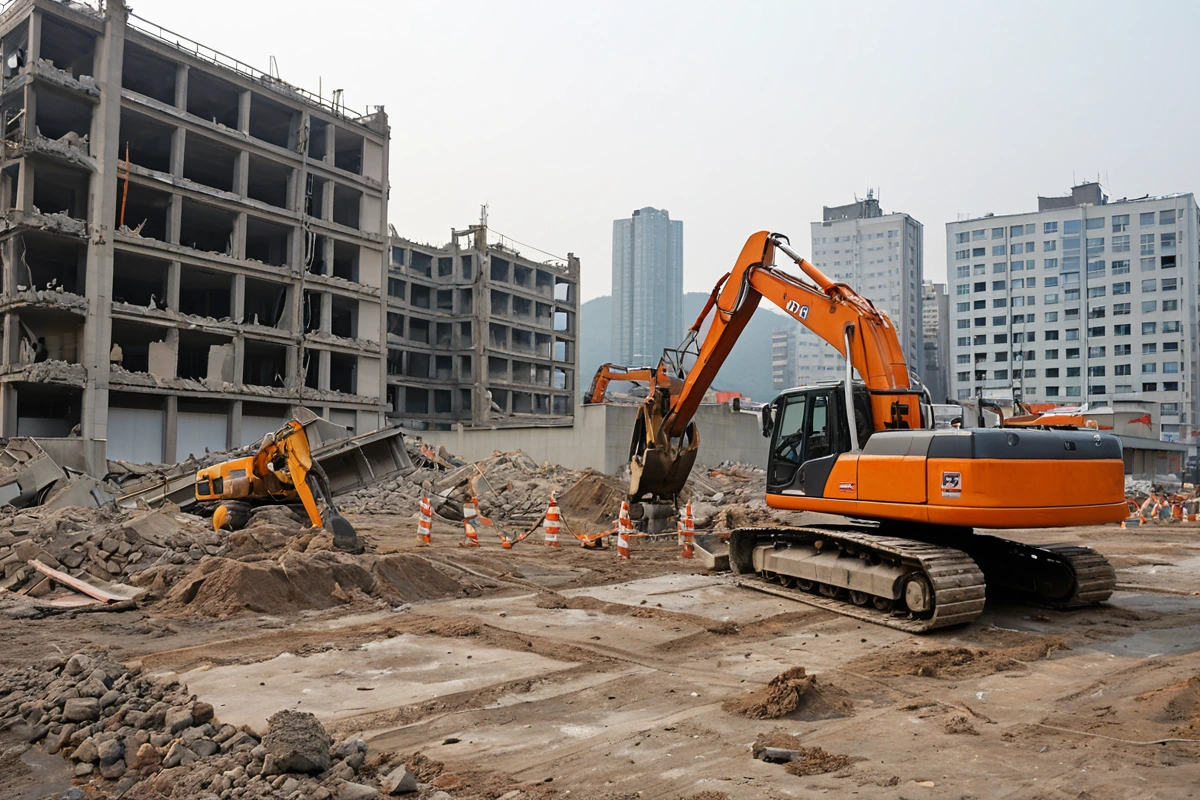 김해시 내동 지역의 현대적인 상가 건물 철거 현장에서 철거 장비가 철거 작업을 진행 중인 모습, 건물 외벽에 철거 표시가 되어 있는 상황