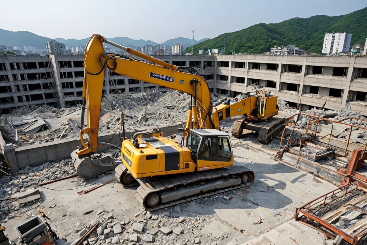 김해시 내동 지역 철거 현장에서 구조물의 약한 부분을 점검하는 장비가 놓인 모습. 구조물의 결함 부분이 명확히 드러나는 철거 현장의 구조물과 철거 장비가 정리된 상태.