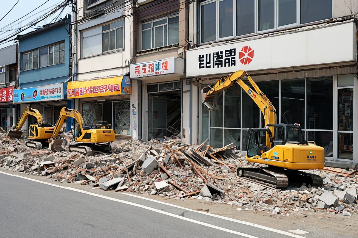김해시 내 중소기업 매장 철거 현장에서 철거 작업 중인 장비가 정리된 모습. 철거된 매장의 구조물이 잘 정리되고, 철거 범위를 정확히 파악한 후 작업이 진행된 흔적이 보이는 철거