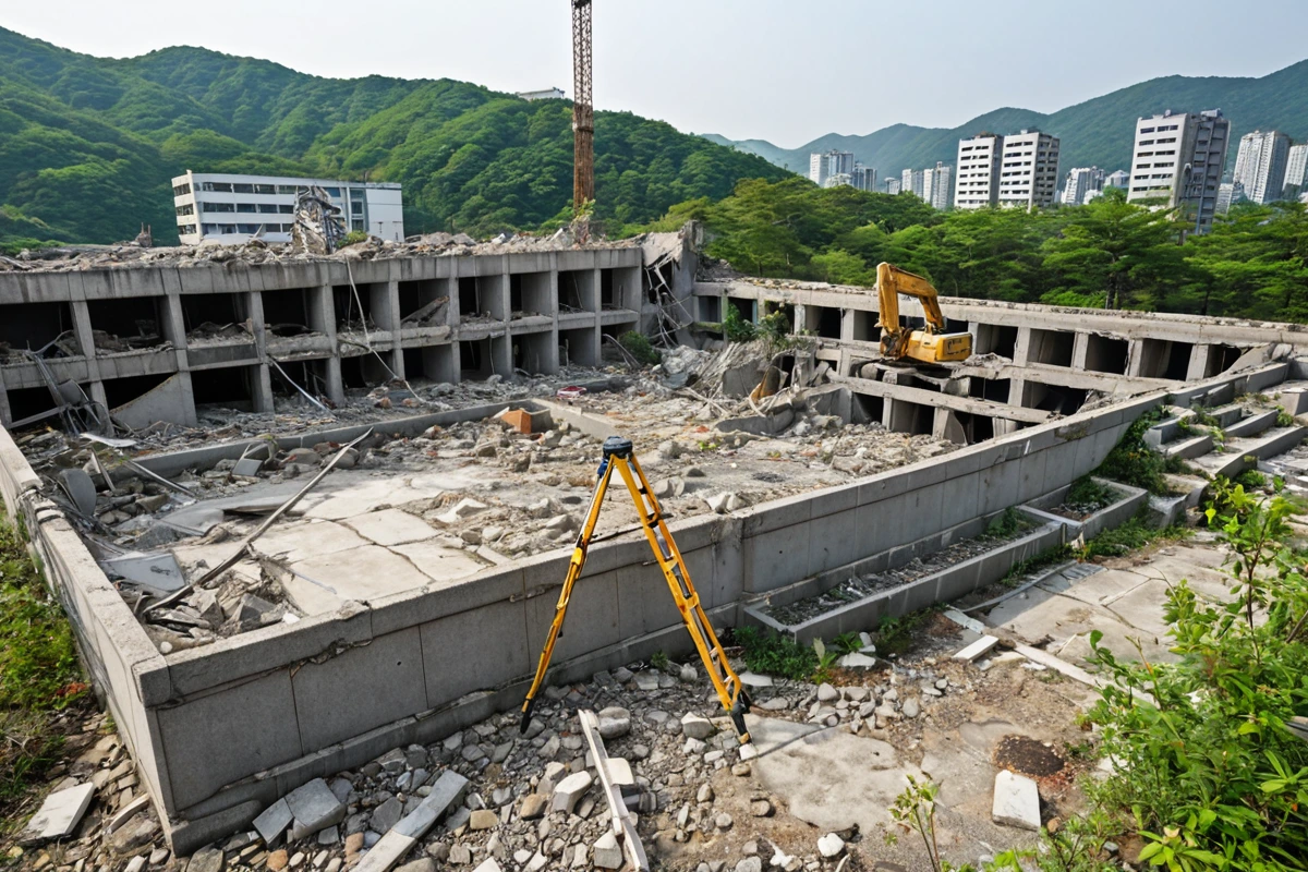 김해시 덕산리 학원 철거 현장에서 철거 업체 직원이 현장 조사를 위해 구조 상태를 확인하는 모습. 구조물의 손상 부분을 주의 깊게 관찰하는 모습이 담긴 사진. 철거 전 철저한 현장