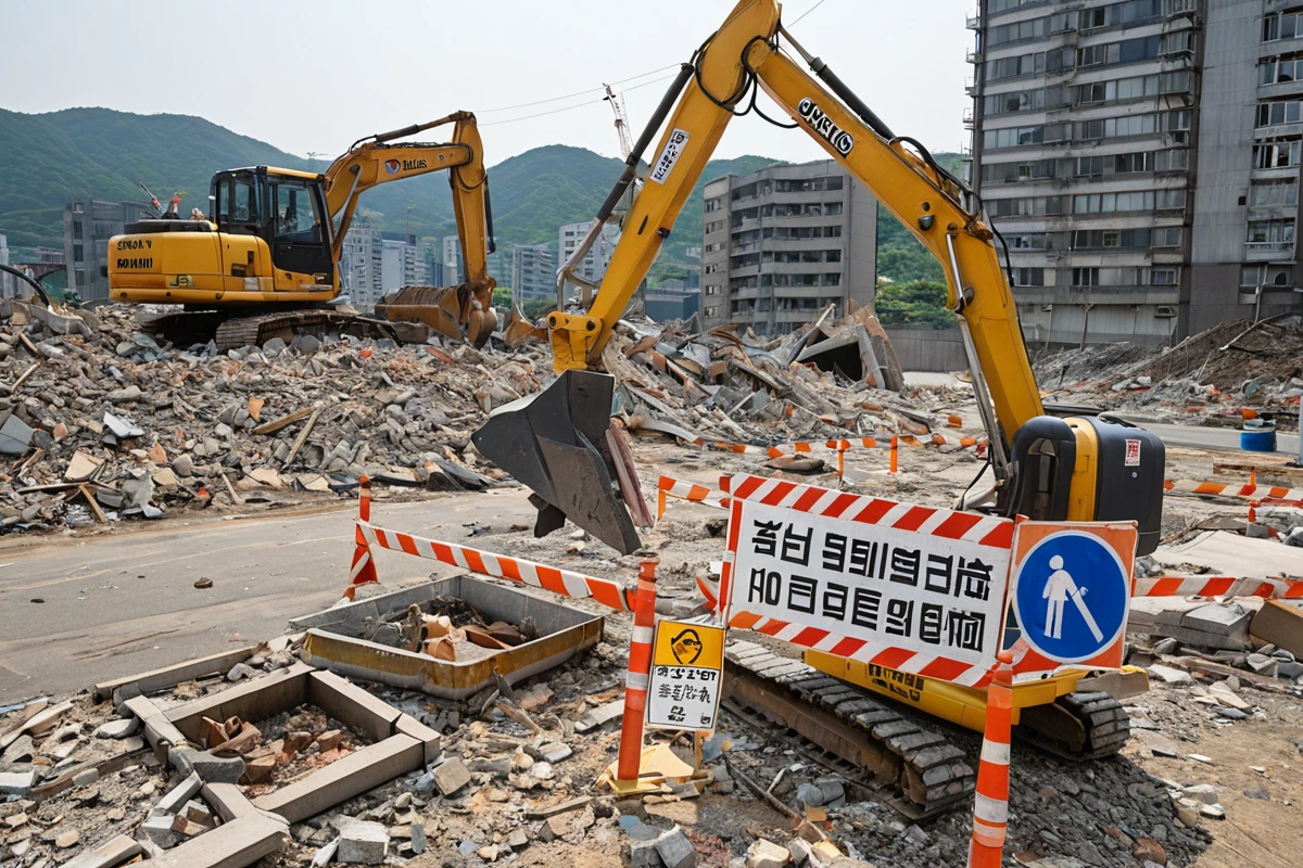 김해시 도요리 간판 철거 업체의 안전 인증 표지가 부착된 장비와 철거 현장의 안전 기준을 준수하는 철거 작업 장면, 철거 중인 간판 주변에 안전 경고 표지가 배치된 현실적인 모습