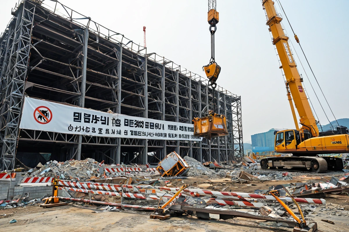 김해시 도요리 간판 철거 현장에서 크고 무거운 도요리 간판이 철거 중인 모습, 간판의 크기와 무게를 보여주는 자연스러운 철거 장면, 철거 장비가 간판을 안전하게 이동시키는 모습