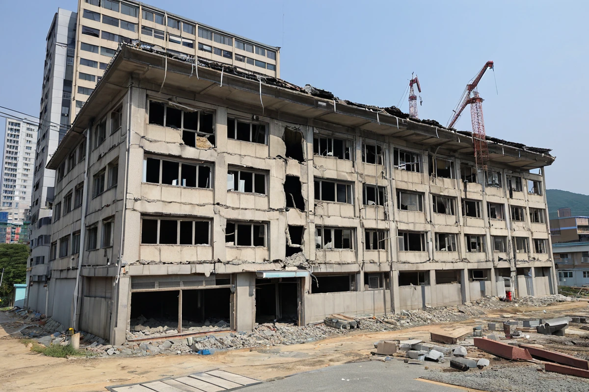 김해시 매리리 폐업 철거 현장에서 전문가들이 안전 장비를 착용한 채 구조물의 안정성을 점검하는 모습. 철거 작업 전 안전 점검을 위한 정밀한 장비가 배치되어 있고, 철거 대상 건물