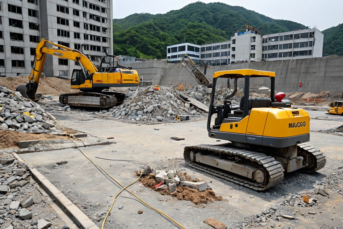 김해시 무계동 내부 철거 현장에서 철거 작업 전 구조 진단을 위한 장비가 설치된 모습. 철거 중 실시간 모니터링을 위한 센서와 안전 장비가 정리되어 있습니다.