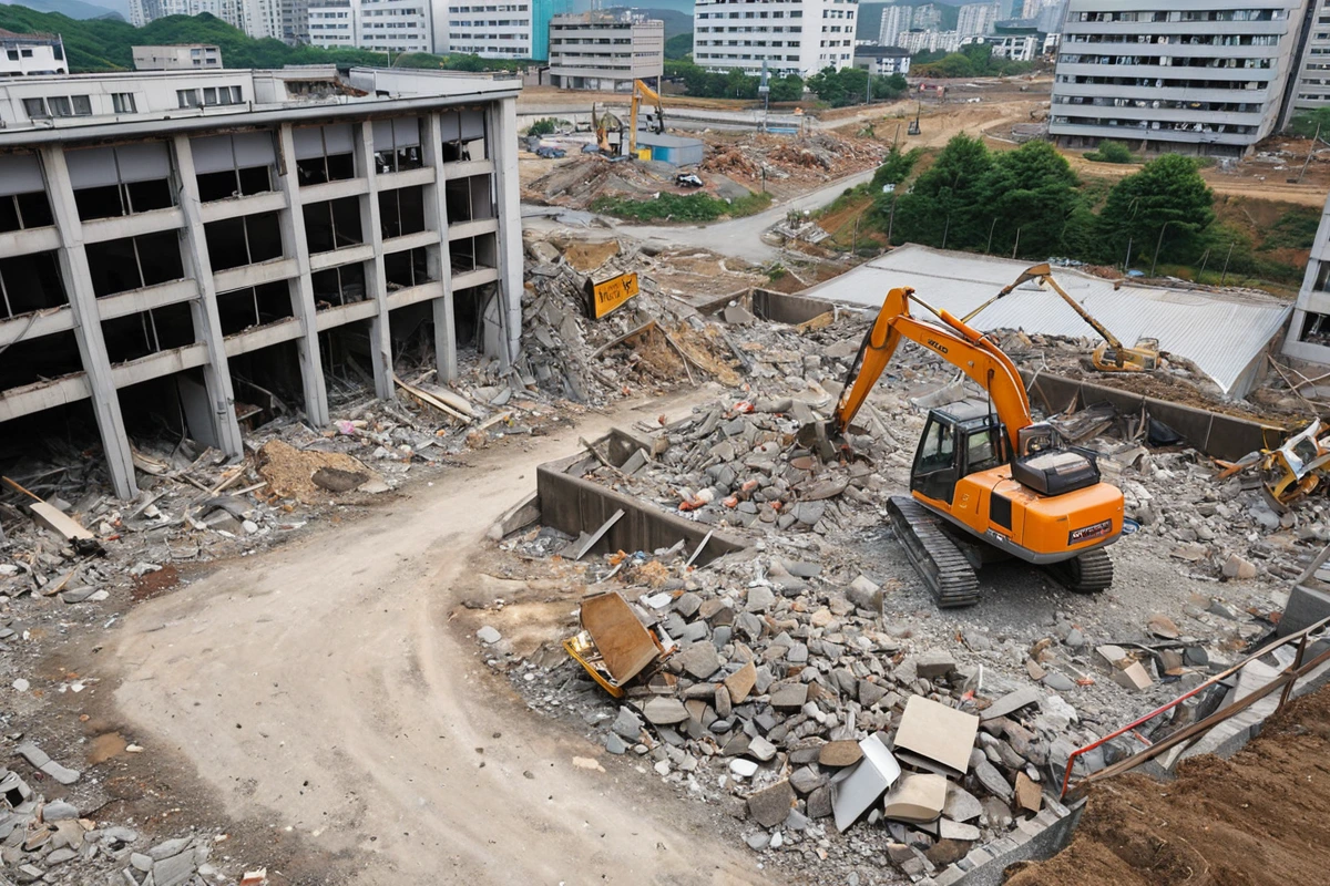 김해시 산본리 지역의 상업용 건물 철거 현장, 주변 건물과 도로를 고려한 안전한 철거 작업 계획을 보여주는 현장 모습, 철거 작업 중 안전 울타리와 경고 표지가 설치된 장소