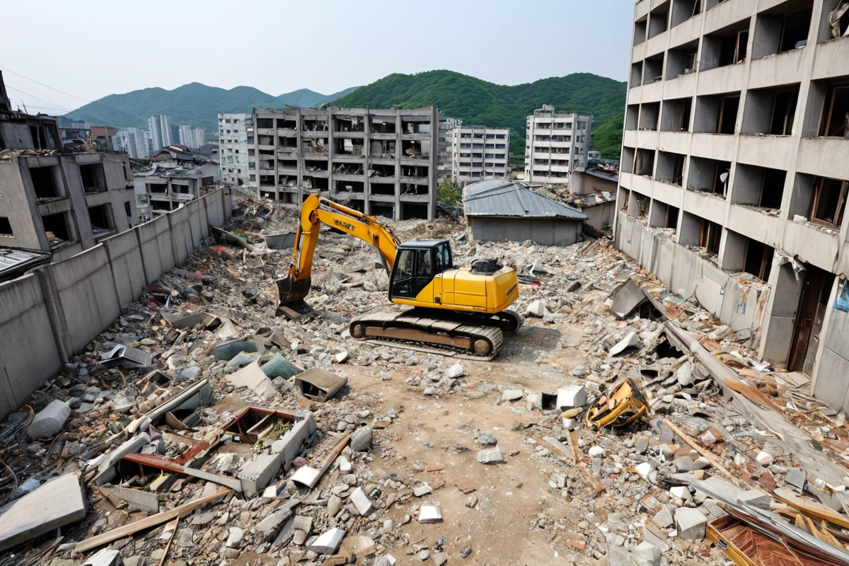 김해시 주거 지역의 마루 철거 중, 철거 작업이 완료된 후 벽과 다른 마루가 손상되지 않은 상태를 보여주는 철거 현장. 철거 장비가 정리되고, 주변 구조물이 보존된 모습이 자연스럽