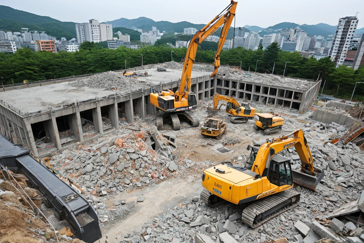 김해시 지역의 200㎡ 규모 학원 건물 철거 현장, 10년 된 구조물의 철거 중인 모습, 철거 장비가 철거 중인 구조물 주변에 위치한 모습, 건물 잔해와 철거 장비가 자연스럽게 배