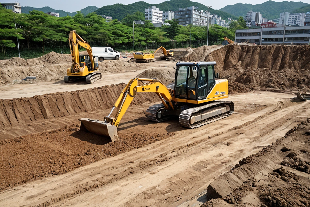 김해시 철거 업체의 원상복구 프로세스를 보여주는 전문 장비와 토양 정리 현장. 철거 후 토양을 복원하기 위한 정교한 작업이 진행 중인 모습.