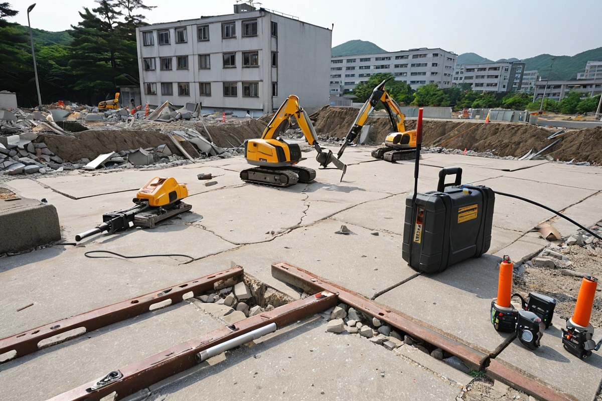 김해시 퇴래리 주거 지역의 오래된 건물 바닥 철거 전 안전 점검을 위한 전문가의 검사 도구와 철거 전용 장비가 준비된 현장, 구조적 결함을 확인하기 위한 측정 장비가 주변에 놓여