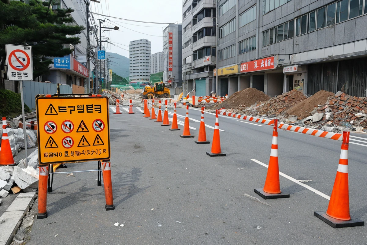 김해시 퇴래리 지역 상가 앞에서 안전 장비와 경고 표지가 설치된 철거 현장. 보행자 통행이 가능한 안전 구역이 마련되고, 간판 철거 작업 중인 장면이 자연스럽게 표현.