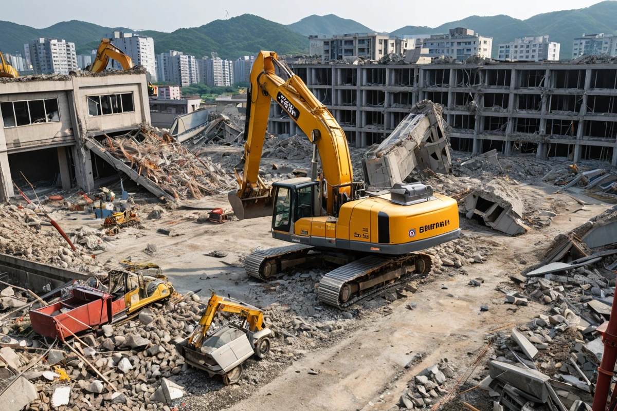 김해시 퇴래리 지역에서 진행 중인 철거 작업 현장. 안전 장비가 준비된 철거 장비와 철거 중인 공간의 구조물이 보이는 사실적인 철거 현장.